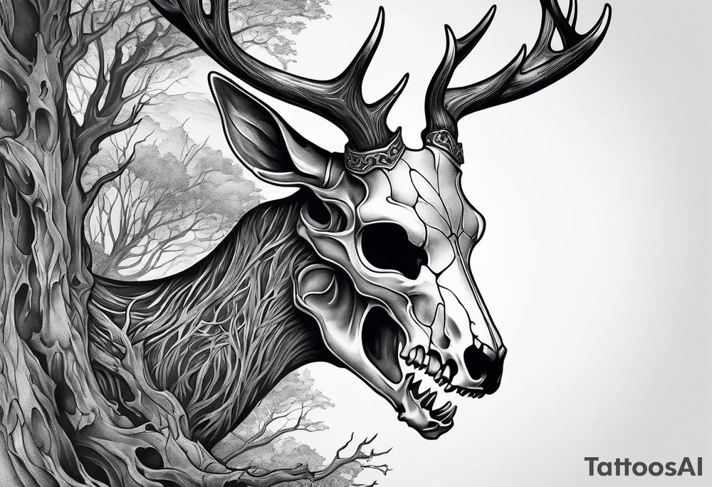 A side view of a decayed deer skull NO SKIN JUST BONE surrounded by trees and FLAMES in background tattoo idea