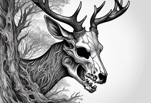 A side view of a decayed deer skull NO SKIN JUST BONE surrounded by trees and FLAMES in background tattoo idea