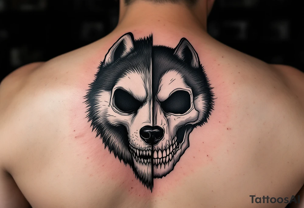 Half Skull, Half Husky – One side of a realistic husky face (black and white fur), the other side transitioning into a skull in clean black and gray realism tattoo idea