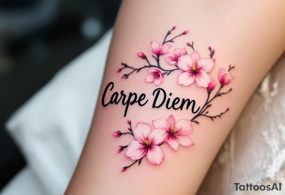 Elegant black script "Carpe Diem" flowing across the forearm with delicate watercolor pink cherry blossoms wrapping around. tattoo idea