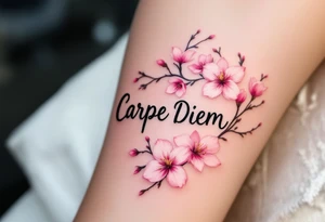 Elegant black script "Carpe Diem" flowing across the forearm with delicate watercolor pink cherry blossoms wrapping around. tattoo idea