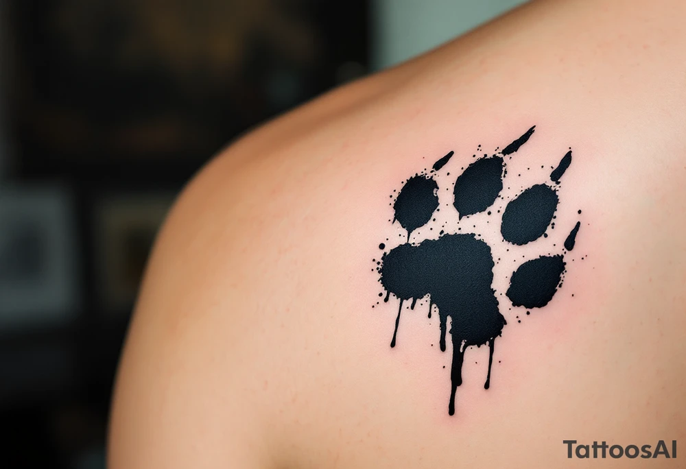 Inky Brushstroke Paw Prints – Artistic black ink splashes and rough brushstroke texture surrounding each paw, evoking movement and creative spirit. tattoo idea