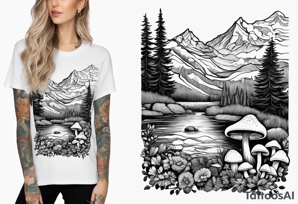 Straight long blonde hair hippie girl in distance holding mushrooms in hand facing away toward mountains and creek surrounded by mushrooms tee shirt and hiking pants tattoo idea