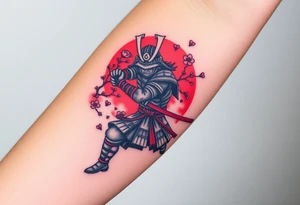 Samurai in fighting position with a cherry blossoms and a pagola in the background tattoo idea