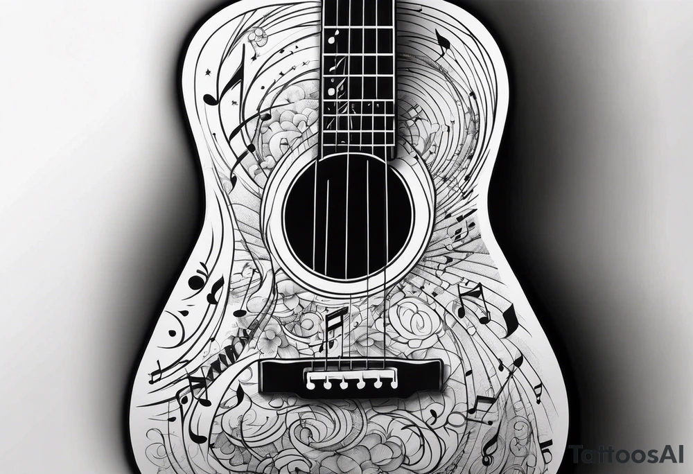 guitar with musical notes wrapped around it tattoo idea