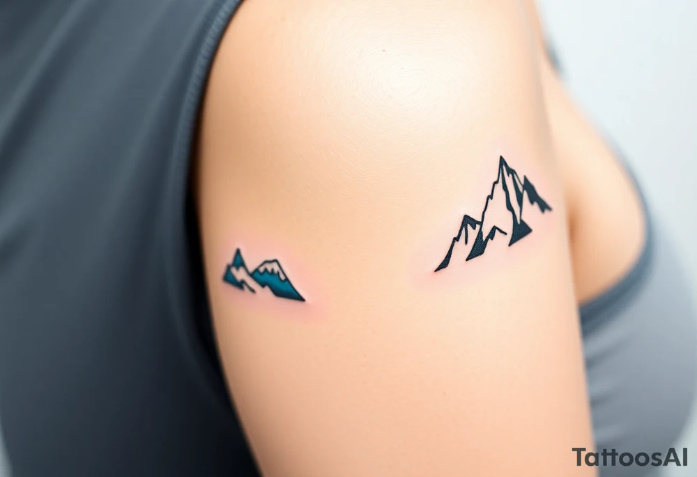 A pair of minimalist black and blue mountain peaks, one tattooed on the one´s forearm and the matching smaller version on the cother tattoo idea