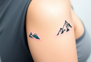 A pair of minimalist black and blue mountain peaks, one tattooed on the one´s forearm and the matching smaller version on the cother tattoo idea