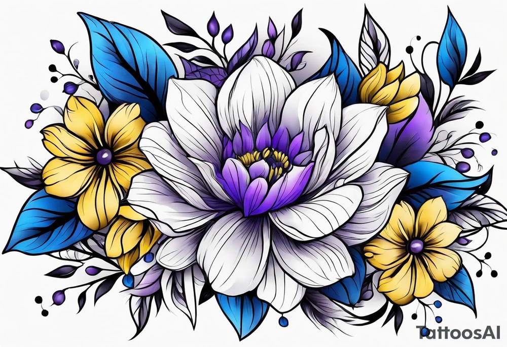 Blue yellow and purple flowers arm sleeve tattoo idea