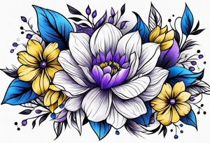 Blue yellow and purple flowers arm sleeve tattoo idea