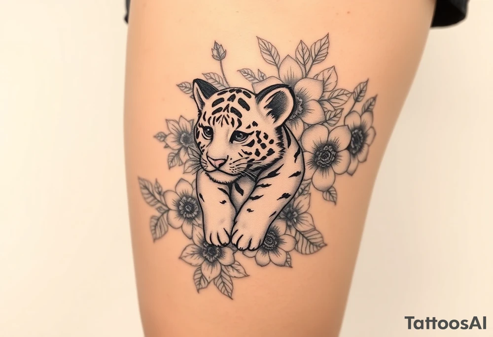 Floral tattoo with baby tiger in the flowers 🌺 tattoo idea