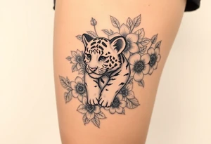 Floral tattoo with baby tiger in the flowers 🌺 tattoo idea