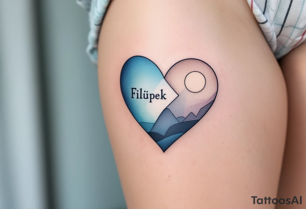 A two-tone heart, half sky blue and half white, featuring the name Filípek. tattoo idea