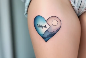 A two-tone heart, half sky blue and half white, featuring the name Filípek. tattoo idea