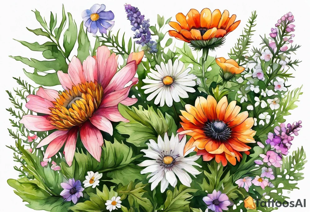 simple wildflowers cascading with thistles, ferns, white anemones, sun flowers, red flowers, pink flowers, green flowers, buttercups, orange flowers, babys breath and daisies all in watercolor tattoo idea