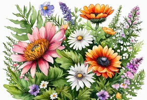 simple wildflowers cascading with thistles, ferns, white anemones, sun flowers, red flowers, pink flowers, green flowers, buttercups, orange flowers, babys breath and daisies all in watercolor tattoo idea