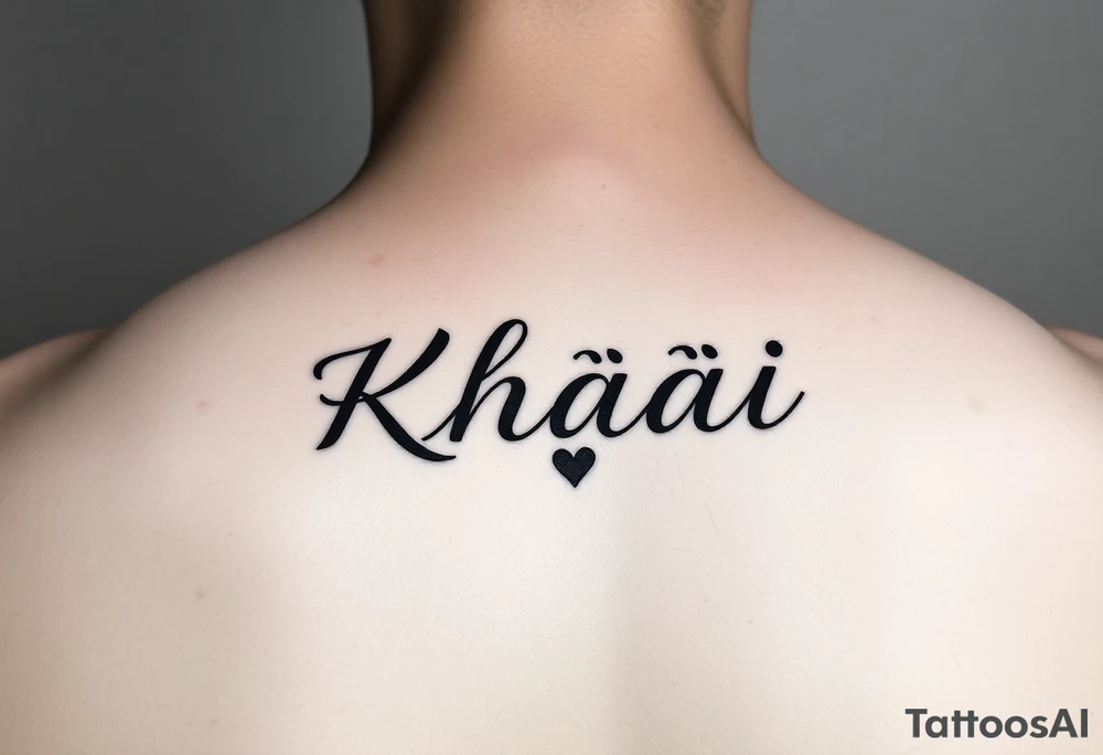 The name Khaài in a slim but bold cursive font w a small heart at the end of the name tattoo idea