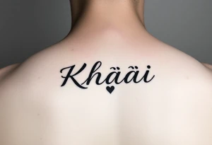 The name Khaài in a slim but bold cursive font w a small heart at the end of the name tattoo idea