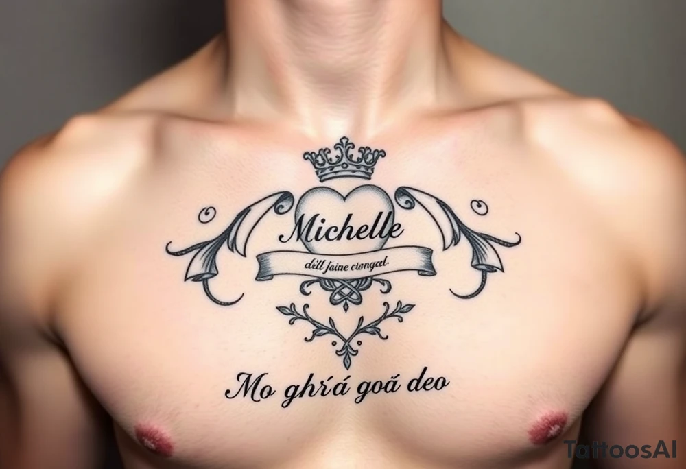 Claddagh places on a man’s chest. Name Michelle placed between the heart and the crown. Irish rose and Celtic knot incorporated into the design. Mo ghrá go deo written at the very bottom. tattoo idea