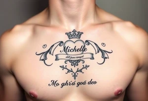 Claddagh places on a man’s chest. Name Michelle placed between the heart and the crown. Irish rose and Celtic knot incorporated into the design. Mo ghrá go deo written at the very bottom. tattoo idea