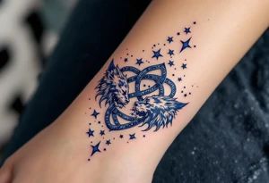 A midnight blue infinity knot interlaced with stars and guarded by two facing guardian lions. tattoo idea