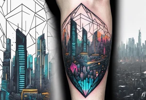 cyberpunk 2077, forearm tattoo, geometric, subtle, men, city skyline, 4k tattoo idea