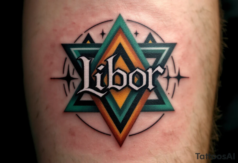 Libor written in strong, clean letters, surrounded by geometric triangles in shades of forest green and earthy brown. tattoo idea