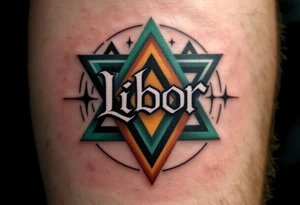 Libor written in strong, clean letters, surrounded by geometric triangles in shades of forest green and earthy brown. tattoo idea