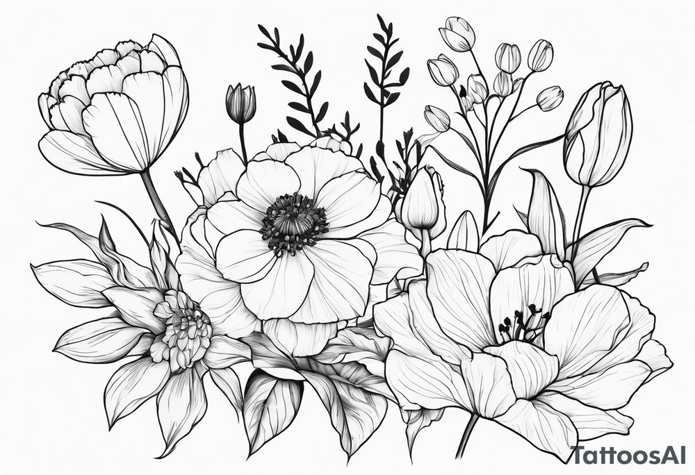 HydrANGEAS, TULIPS, LILLIES, DRAGONflower, with wildflowers, poppy, complimentary flowers, bees, peony, forearm tattoo idea