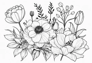 HydrANGEAS, TULIPS, LILLIES, DRAGONflower, with wildflowers, poppy, complimentary flowers, bees, peony, forearm tattoo idea