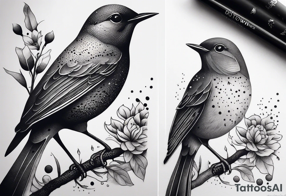 Design a small, elegant tattoo of a nightingale in a gentle pose, surrounded by soft musical notes or floral elements tattoo idea