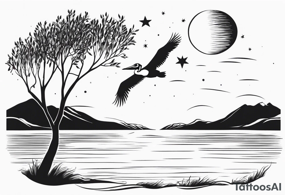 A simple willow tree with a flying pelican. A sun a moon and a star tattoo idea A simple willow tree with a flying pelican. A sun a moon and a star tattoo idea