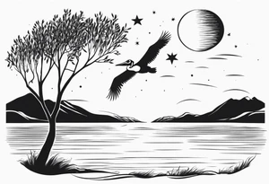 A simple willow tree with a flying pelican. A sun a moon and a star tattoo idea