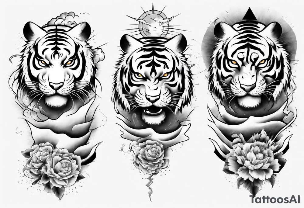 Tiger sleeve tattoo with lightning and the sun tattoo idea