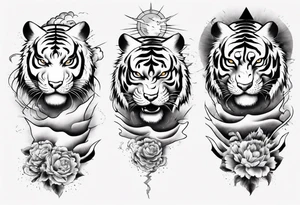 Tiger sleeve tattoo with lightning and the sun tattoo idea