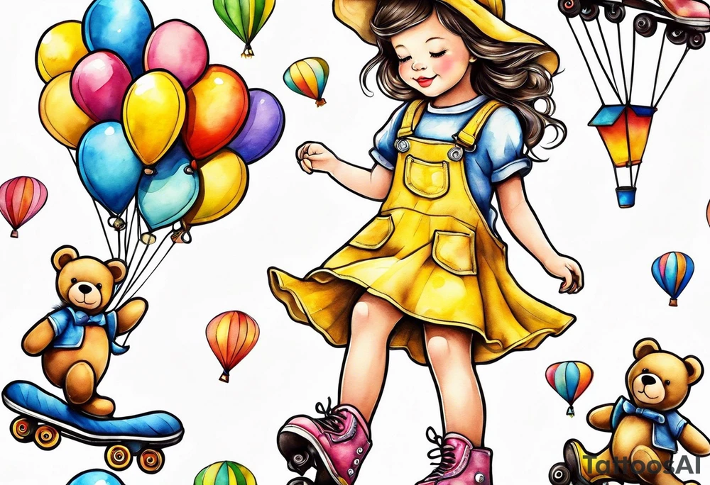 a little girl in a dress & a teddy bear in roller skates and yellow overalls, flying kites tattoo idea