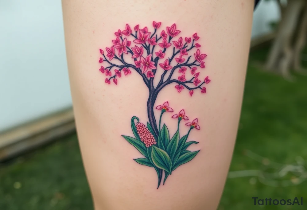 Lilly of the vally plants underneath a blooming hawthorn tree tattoo idea