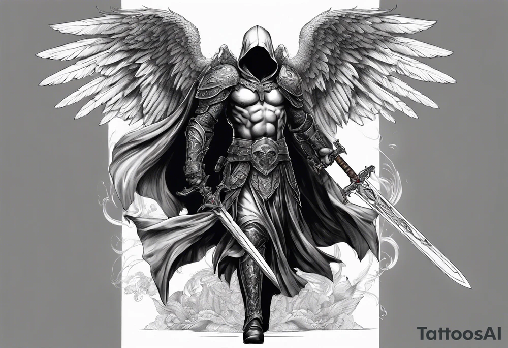 realistic full body of man angel of death, without face, with armour, holding sword in right hand tattoo idea
