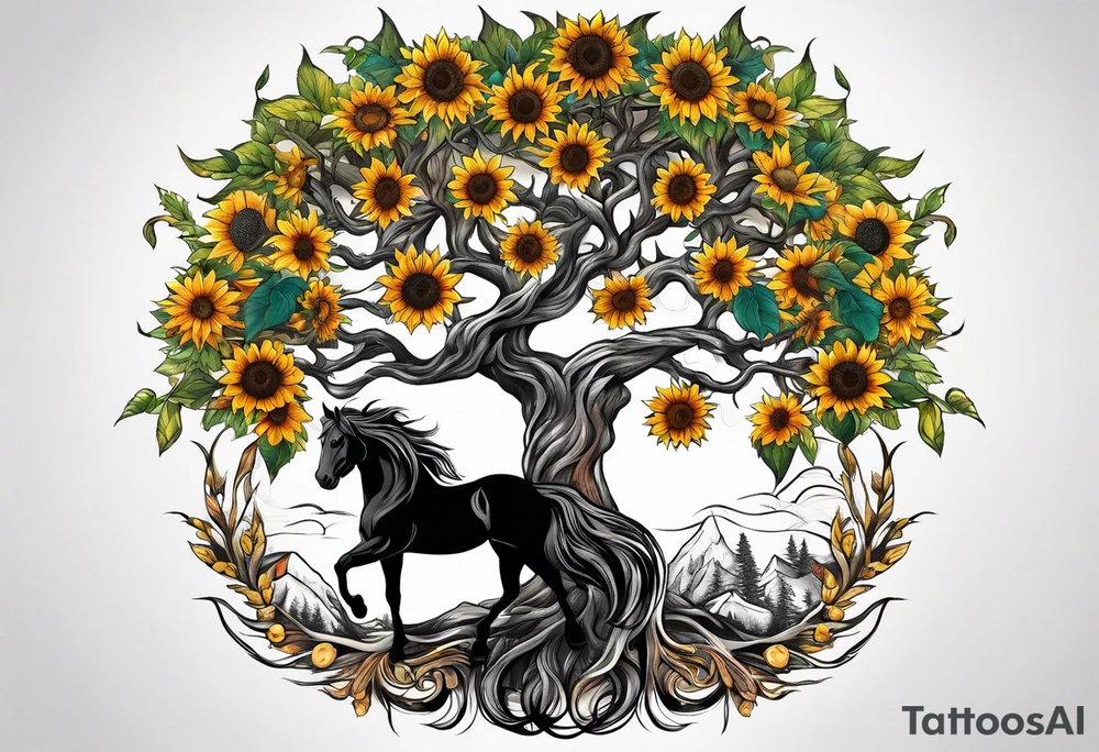 Yggdrasil tree, horse, sunflower tattoo idea
