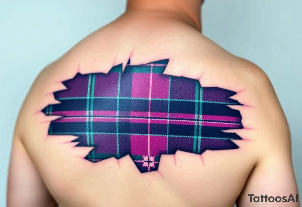 Side of arm Dark Purple with green pink blue and white highlights tartan fabric with skin peeling away at edges tattoo idea