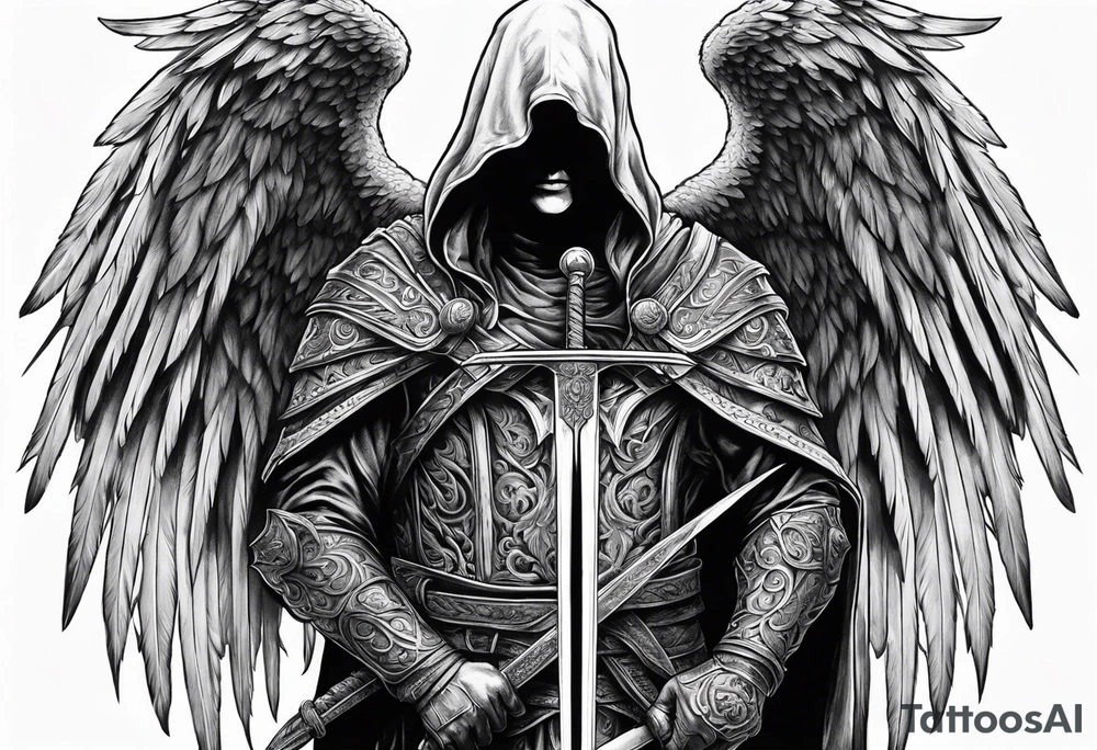 realistic angel of death, man, full body, no face visible, holding one sword, sword vertically pointing downwards tattoo idea