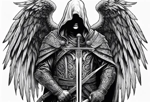 realistic angel of death, man, full body, no face visible, holding one sword, sword vertically pointing downwards tattoo idea