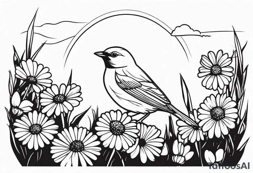 Little bird outline perched in a field of daisy tattoo idea