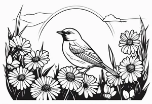 Little bird outline perched in a field of daisy tattoo idea