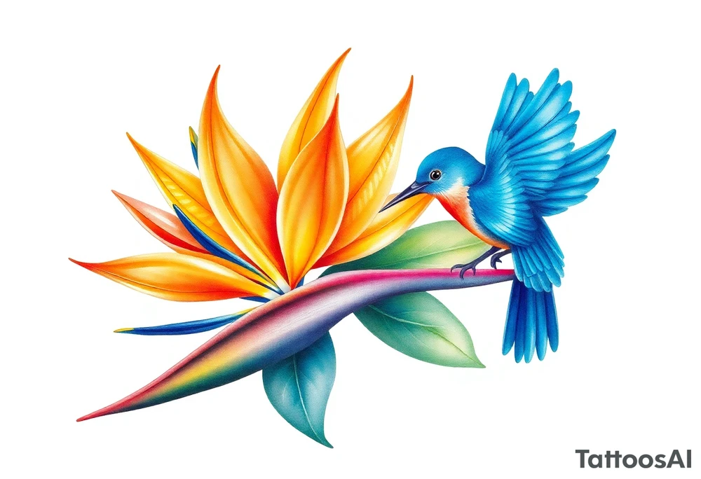 Bird of paradise flower with blue bird tattoo idea