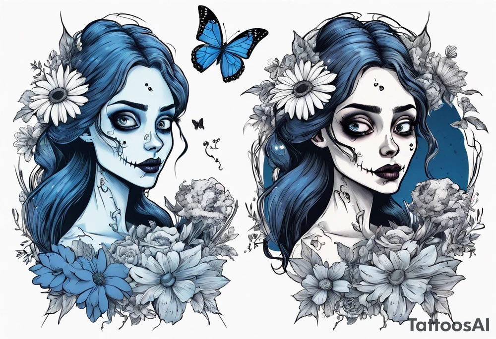 corpse bride Emily holding a bouquet of flowers. one white daisy in the bouquet. one blue butterfly. A full moon on the background. full grown tattoo idea