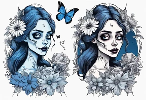 corpse bride Emily holding a bouquet of flowers. one white daisy in the bouquet. one blue butterfly. A full moon on the background. full grown tattoo idea