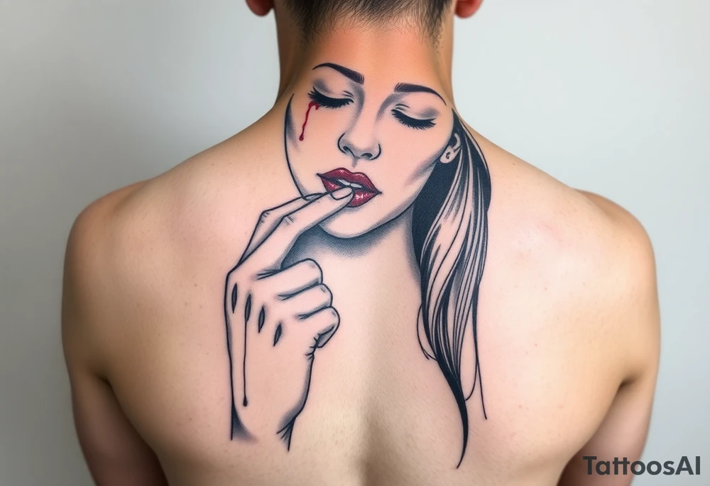 Women that's looking down with her eyes closed shut and her index finger to her mouth and has both of her ears bleeding with the blood dripping down her face as her long hair flows down the side of her back and chest tattoo idea