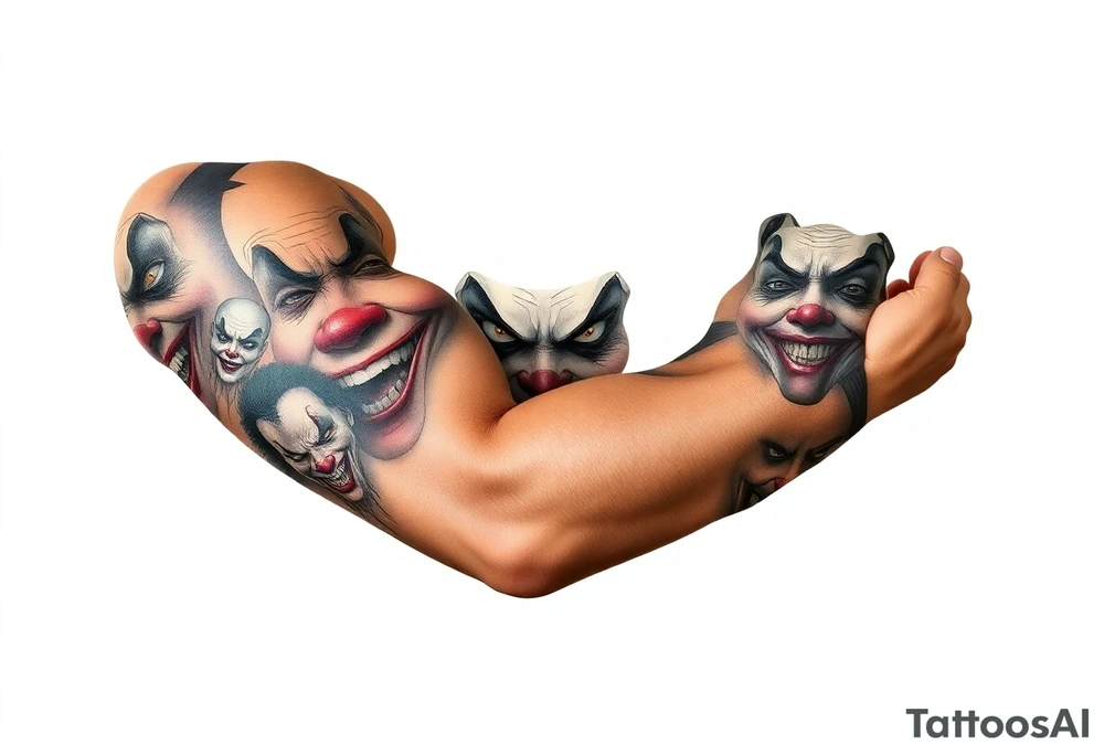 creative collage of each different emotion in different tyoe of clown faces tattoo idea
