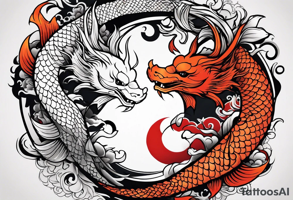 powerful ying Yang symbol made of koi fish and dragons tattoo idea