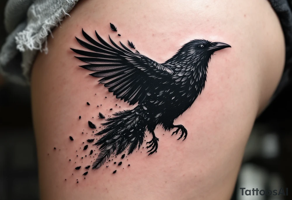 Crow with Feather Trail – A flying crow leaving a trail of scattered feathers behind. Black ink with white highlights and a hint of silver dust effect. tattoo idea